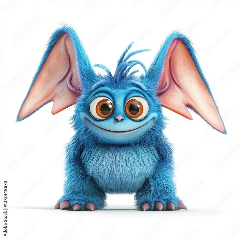 Mischievous blue monster with big floppy ears isolated on white background Mischievous blue monster with big floppy ears isolated on white background