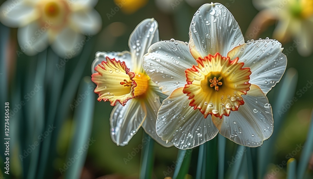 Fototapeta premium Close-up of spring daffodils with dew drops highlighting nature's beauty