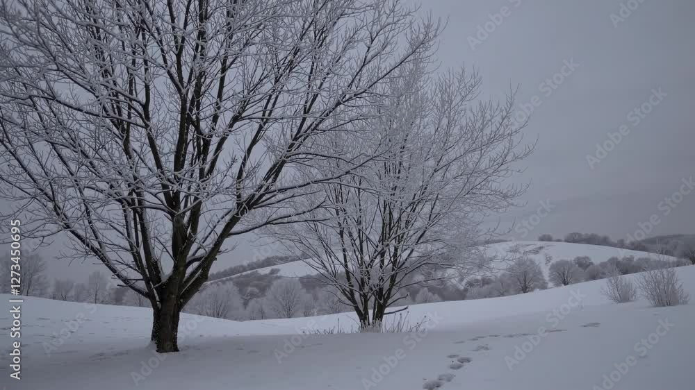 A serene winter landscape video captures snow-covered trees and rolling hills from a low-angle, emphasizing the peaceful, untouched nature scene. A serene winter landscape video captures snow-covered trees and rolling hills from a low-angle, emphasizing the peaceful, untouched nature scene.