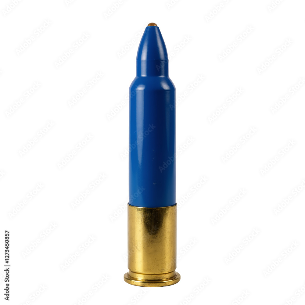 Bullet replica made of plastic and metal with blue paint and brass casing used for display or educational purposes Bullet replica made of plastic and metal with blue paint and brass casing used for display or educational purposes