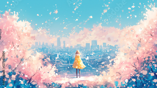 桜が彩る春の都市風景｜感動的なアニメーションイラスト