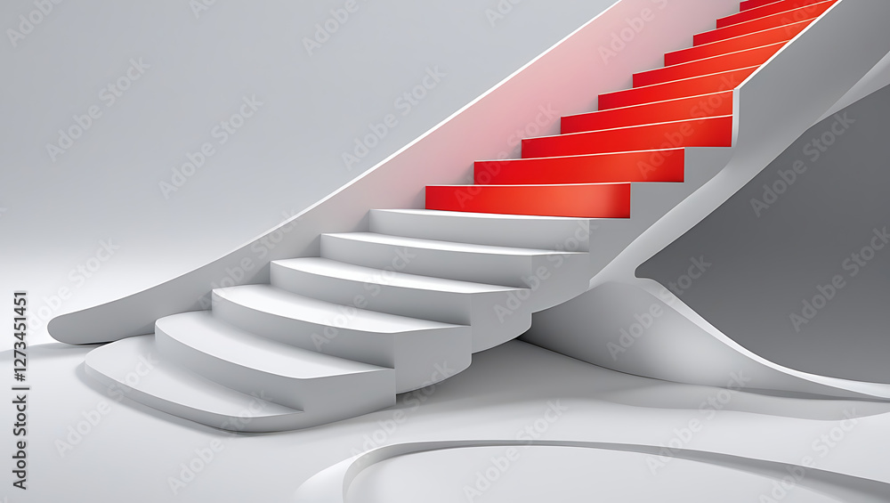 Obraz premium shows stairs. White steps lead upward. Red step stands out as next step.