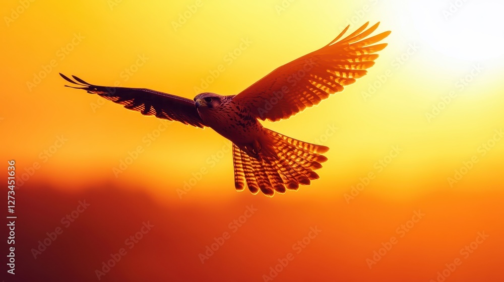 Fototapeta premium Majestic Falcon Soaring Against a Vibrant Sunset Sky with Outstretched Wings and Radiant Orange Background