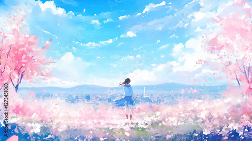 桜吹雪と少女の後ろ姿｜春の都市風景イラスト