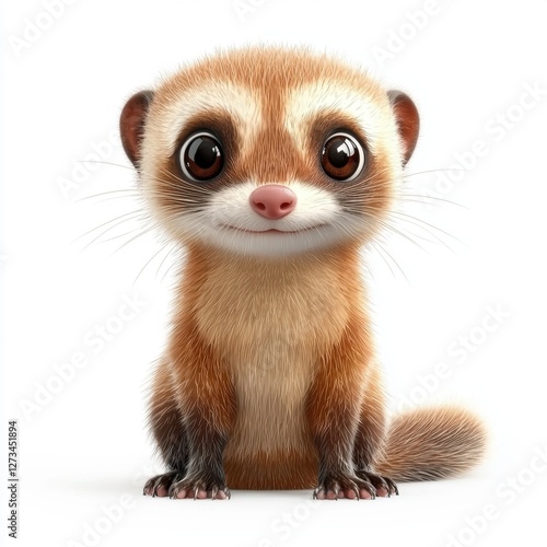 Small curious ferret with shiny fur isolated on white background