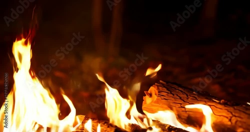 A close-up of a campfire in a nighttime forest