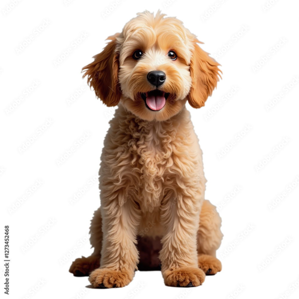 Cute fluffy dog sitting with a happy expression and curly golden fur in a bright white background Cute fluffy dog sitting with a happy expression and curly golden fur in a bright white background