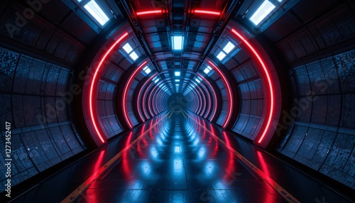 Futuristic Tunnel Vision. High-Tech Corridor with Neon Lights. A Sci-Fi Pathway, Reflective Floor, Deep Perspective. Modern Architecture, Innovation, Exploration, a Journey into the Unknown. Advanced