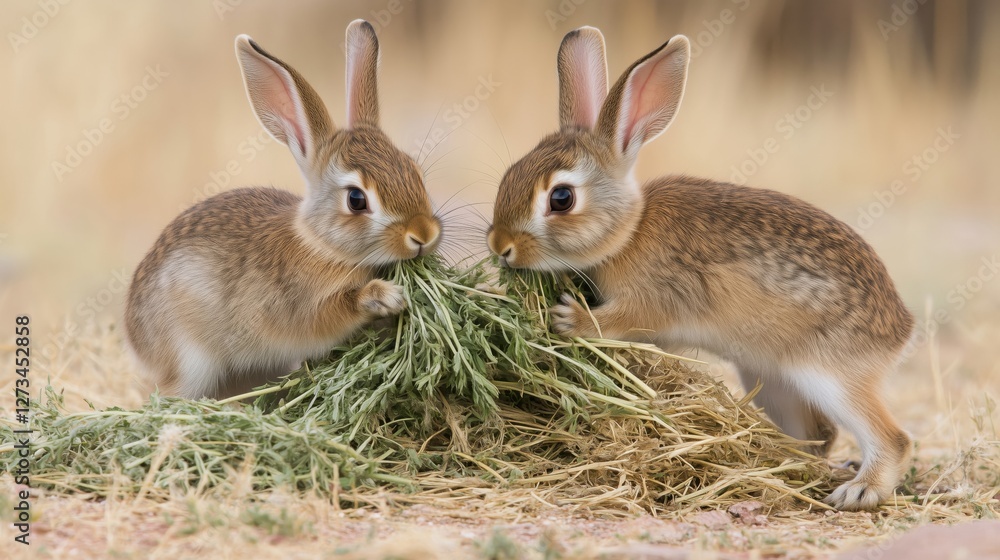 Obraz premium Foraging for Food: Photograph rabbits nibbling on grass or other vegetation in their natural habitat.