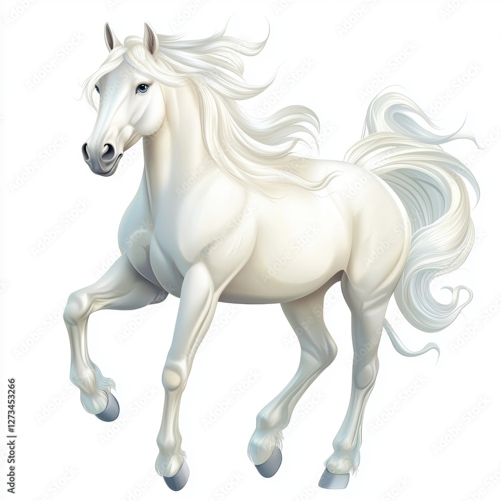Stunning white horse with flowing mane isolated on white background Stunning white horse with flowing mane isolated on white background