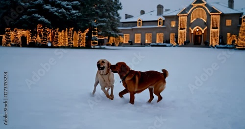 Two Labrador dogs are playing in the snow in front of a house with festive lights
