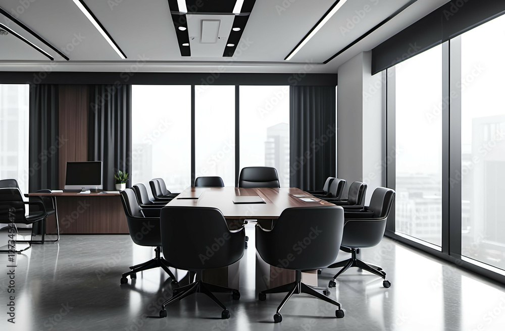 Office interior with meeting table and chairs, ceo desk near window Office interior with meeting table and chairs, ceo desk near window