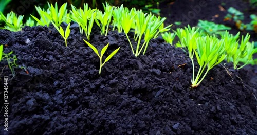 Plant sprouts emerge from the fertile black soil