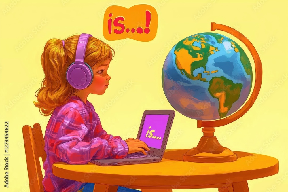 an illustration, a child sitting at the table in headphones, laptop on the table, a globe on the table, an illustration, a child sitting at the table in headphones, laptop on the table, a globe on the table,