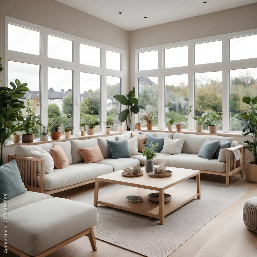 Fototapeta premium Modern Scandinavian Living Room with Large Windows and Comfortable Sofa