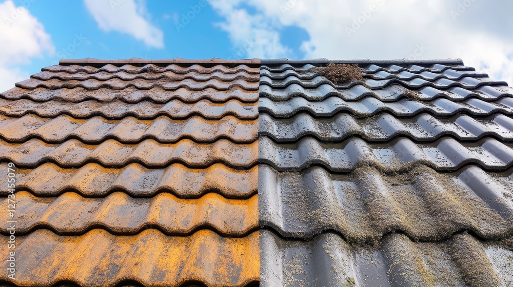 Roof tiles before and after cleaning contrast. Roof tiles before and after cleaning contrast.