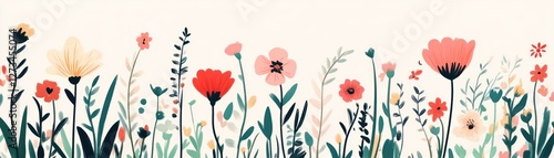 Wallpaper Mural Stylized wildflowers and greenery are arranged horizontally against a white background Torontodigital.ca