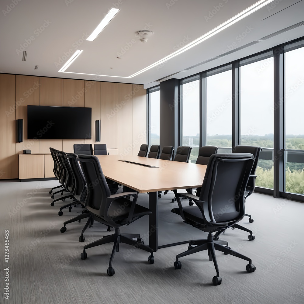 Modern Conference Room with Large Windows and Wooden Walls Modern Conference Room with Large Windows and Wooden Walls