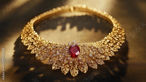 Radiant gold necklace with a red gemstone centerpiece, glowing warmly on a rich textured surface photo