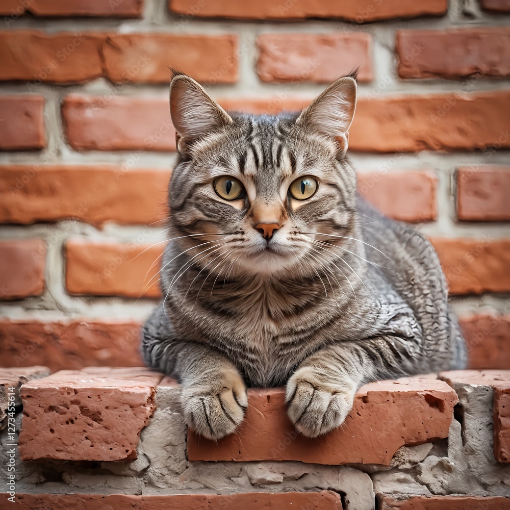 Obraz premium Tabby Cat Resting on Brick Wall