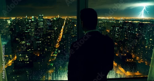Back View of man stands by the window overlooking the nighttime city