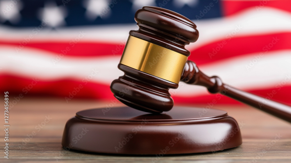 Gavel and American Flag Symbol of Justice and Law Gavel and American Flag Symbol of Justice and Law