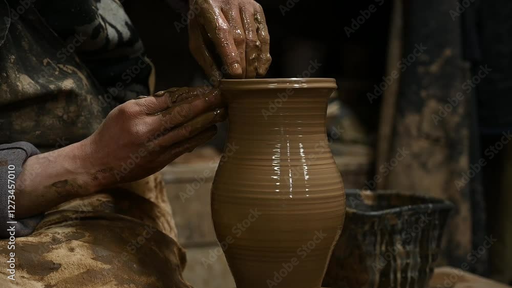 A man's hands sculpt the sides of a clay pot on a potter's wheel, slow-motion video A man's hands sculpt the sides of a clay pot on a potter's wheel, slow-motion video