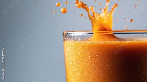 Refreshing beverage splashing in a clear glass, against a soft blue background. photo