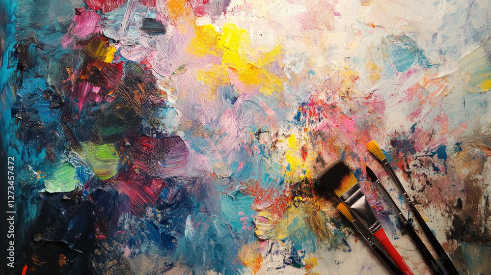 Obraz premium Vibrant paint palette and brushes showcasing artistic creativity in a colorful workspace