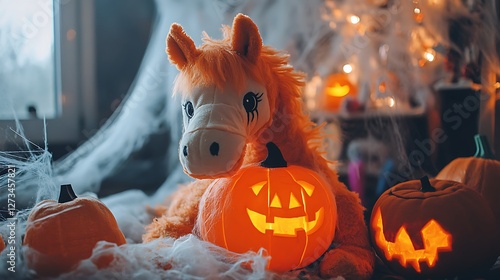 Stuffed horse dressed as pumpkin in a Halloween themed room with cobwebs and jack-o-lanterns spooky yet cute