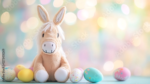 Stuffed horse wearing bunny ears in an Easter setting with colorful eggs pastel background cheerful lighting