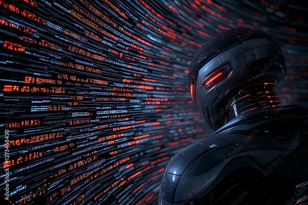 Futuristic robot standing before wall of flowing binary code Futuristic robot standing before wall of flowing binary code