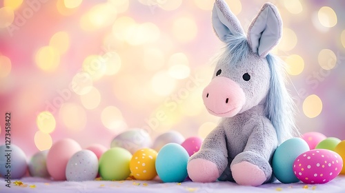 Stuffed horse wearing bunny ears in an Easter setting with colorful eggs pastel background cheerful lighting