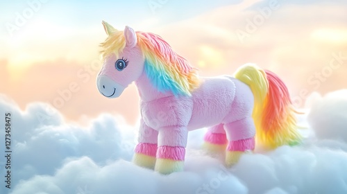 Stuffed horse with rainbow colored mane standing on cloud dreamy and pastel toned sky
