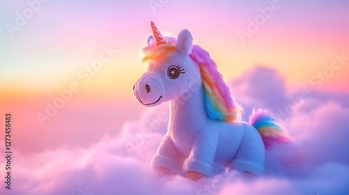 Stuffed horse with rainbow colored mane standing on cloud dreamy and pastel toned sky