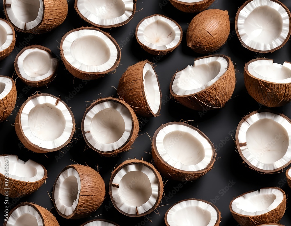 Halved Coconuts on Black Background Halved Coconuts on Black Background