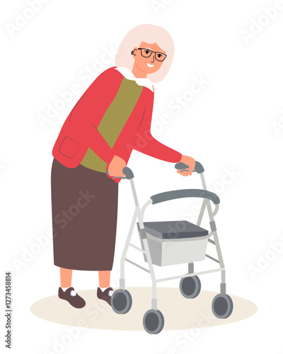 Elderly disabled woman with medical walker support. An old infirm woman with a walker. Old grandmother in retirement. Flat graphic vector illustration isolated on white background.