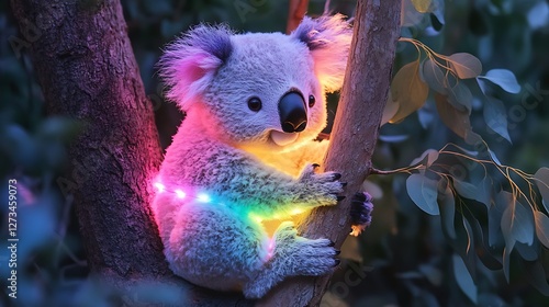 Stuffed koala in pastel rainbow fur clinging to a glowing eucalyptus tree