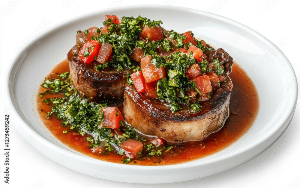 Soaring plate of Italian osso buco with gremolata, isolated on a white background Soaring plate of Italian osso buco with gremolata, isolated on a white background