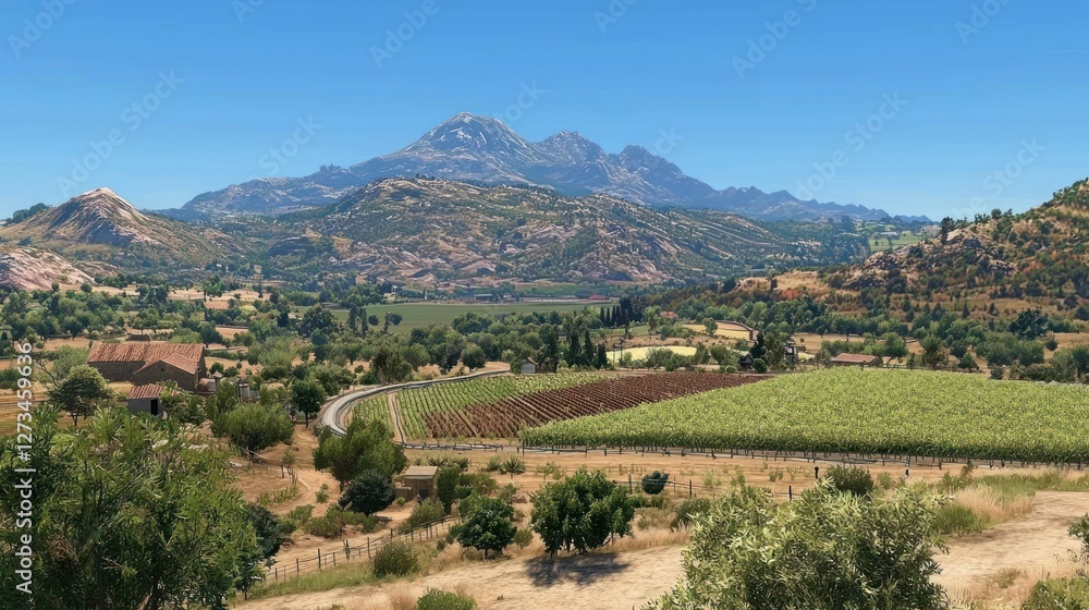 Scenic landscape featuring mountains and vineyards under a clear sky. Scenic landscape featuring mountains and vineyards under a clear sky.