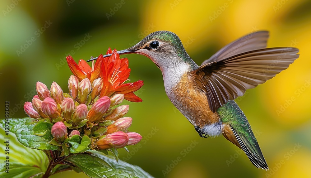 Fototapeta premium Hummingbird Feeding on Vibrant Red Flowers