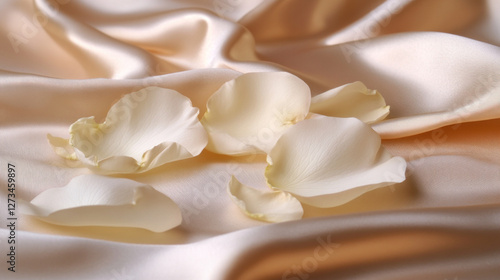 Romantic scatter of soft rose petals on luxurious silky fabric enhances a delicate atmosphere in an elegant setting