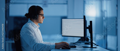 Employee working late at a desk with multiple monitors in a modern office environment