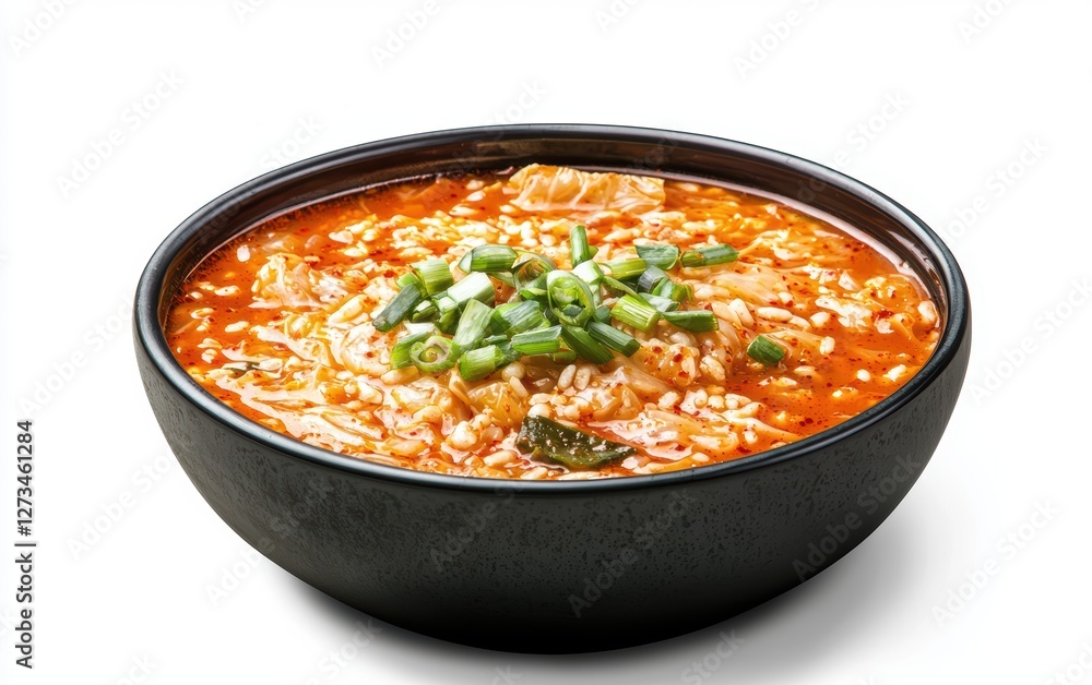 Floating bowl of Korean kimchi jjigae spicy stew, isolated on a white background Floating bowl of Korean kimchi jjigae spicy stew, isolated on a white background