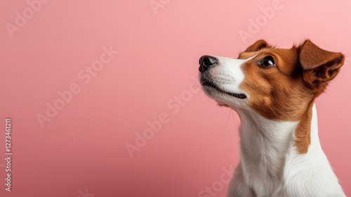 A striking brown and white dog gazes elegantly, its profile highlighted against a pink background, showcasing a delightful mix of loyalty and companionable charm. photo