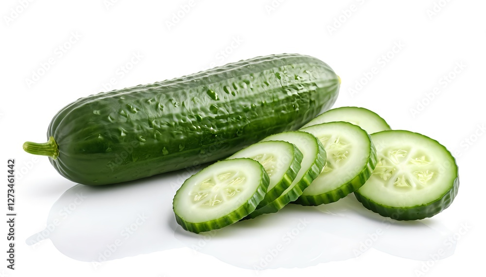 Fresh Cucumber Slices and Whole Cucumber Isolated on White Fresh Cucumber Slices and Whole Cucumber Isolated on White