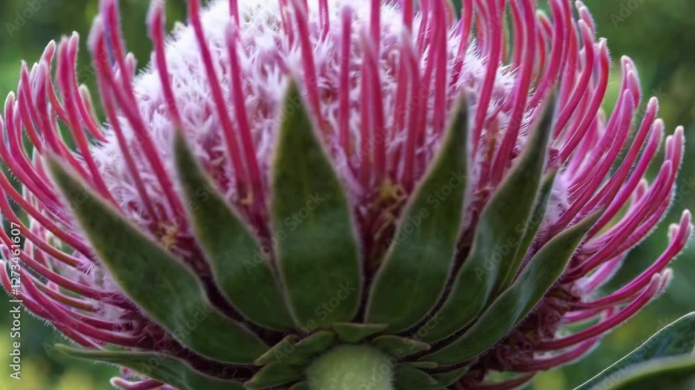 Close-up video of a protea flower from a low angle, highlighting its vibrant pink petals and intricate textures against a blurred green background. Close-up video of a protea flower from a low angle, highlighting its vibrant pink petals and intricate textures against a blurred green background.