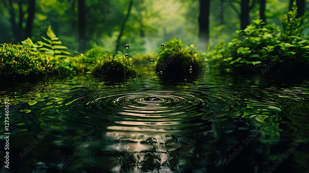 Fototapeta premium Water droplet creates ripples in lake in forest with sunlight and green foliage