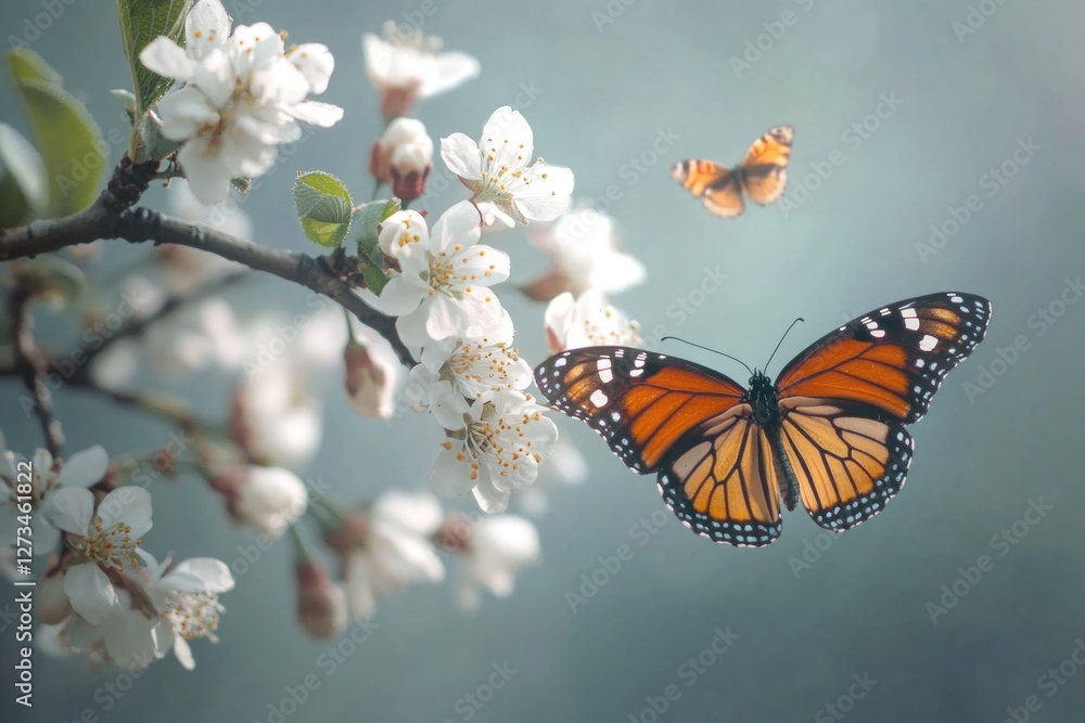 A colorful butterfly flies above a tree with white flowers, great for spring or nature-themed projects A colorful butterfly flies above a tree with white flowers, great for spring or nature-themed projects