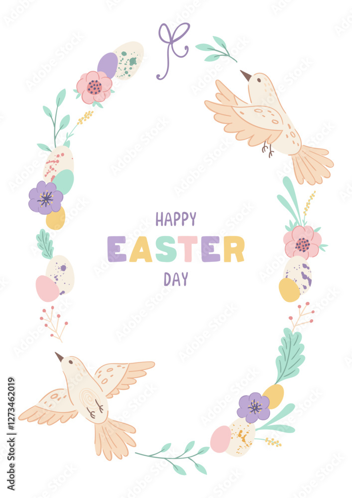 Easter poster with cute birds and spring flowers on white background. Holiday design for covers, posters, banners, greeting cards with lettering Happy Easter day. Vector illustration Easter poster with cute birds and spring flowers on white background. Holiday design for covers, posters, banners, greeting cards with lettering Happy Easter day. Vector illustration